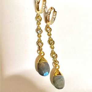 Labradorite genuine gemstone long drop earrings on gold huggie hoops